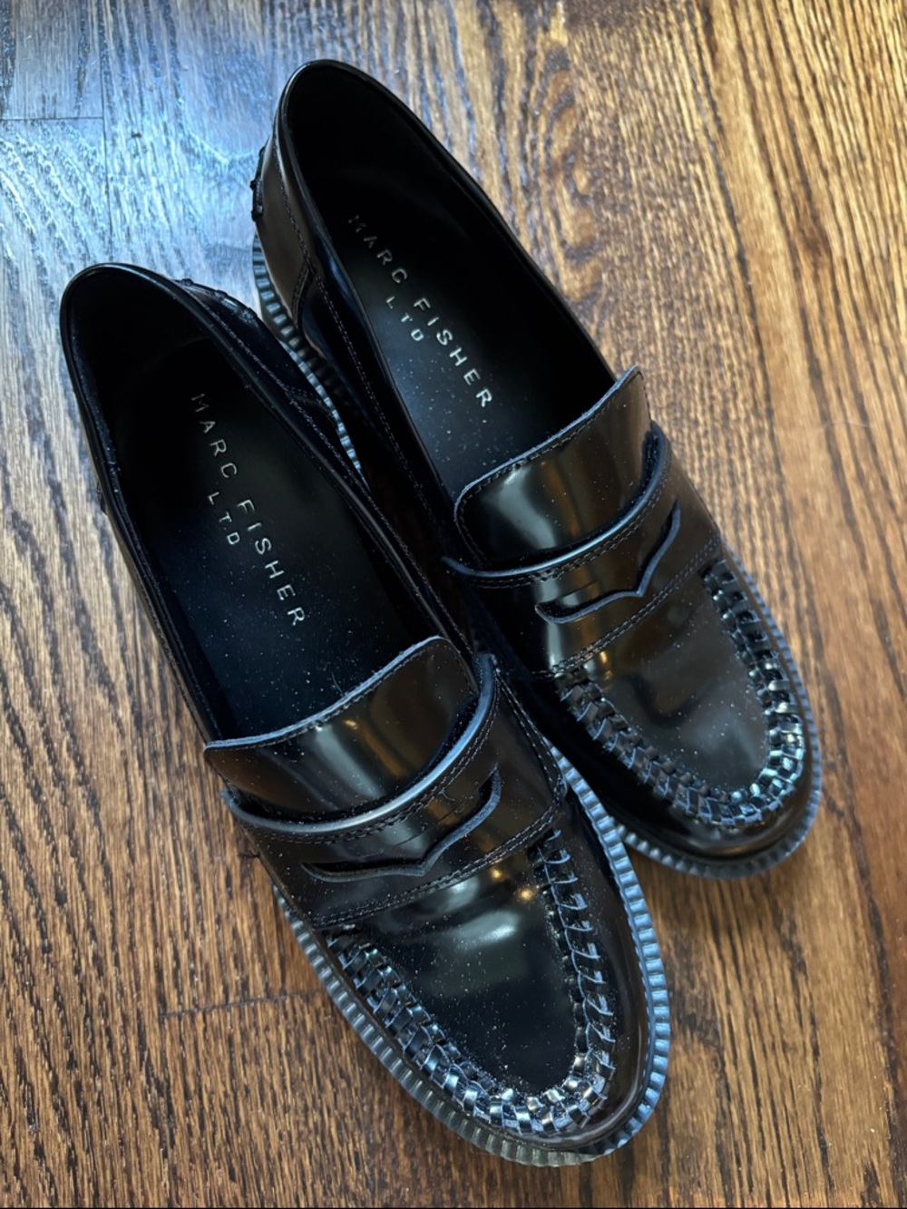 Marc Fisher Black Gloss Penny Loafers - like new